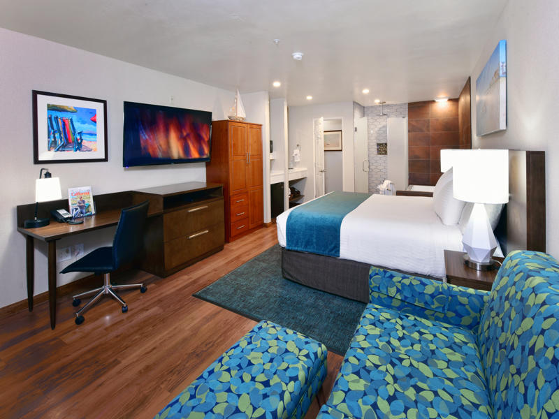 A hotel room with a bed, desk, TV, and sofa.